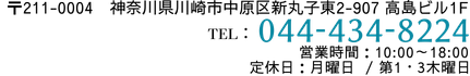 〒211-0004　神奈川県川崎市中原区新丸子東2-907 高島ビル1F TEL：044-434-8224 営業時間：10:00～18:00　定休日：月曜日